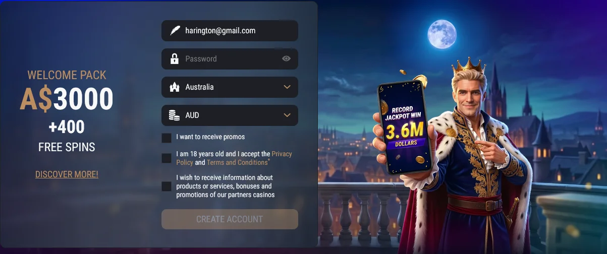 King Billy welcome pack A$3000 + 400 free spins